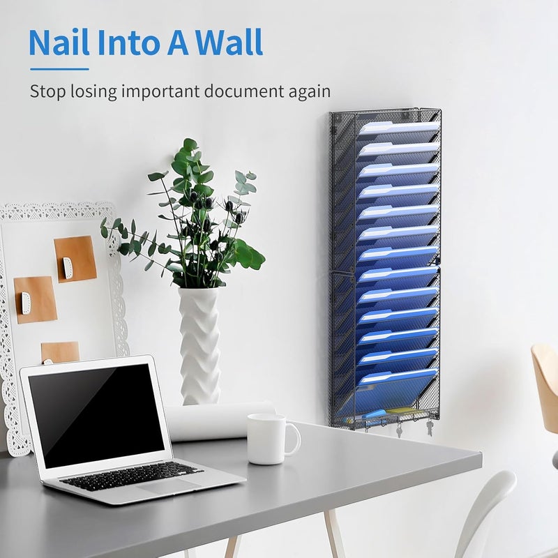 OUTWOLF 15 Tier Wall File Organizer with Hooks, Hanging Wall File Holder Wall Mount Paper Folder Organizer for Office, Magazine Rack - Image 3